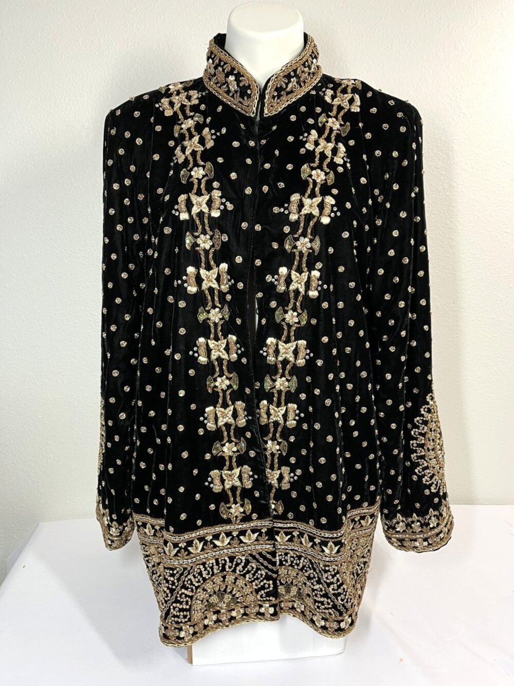 Soft Surroundings XL Black Velvet Jacket with Gold Embellishment Beads Sequins